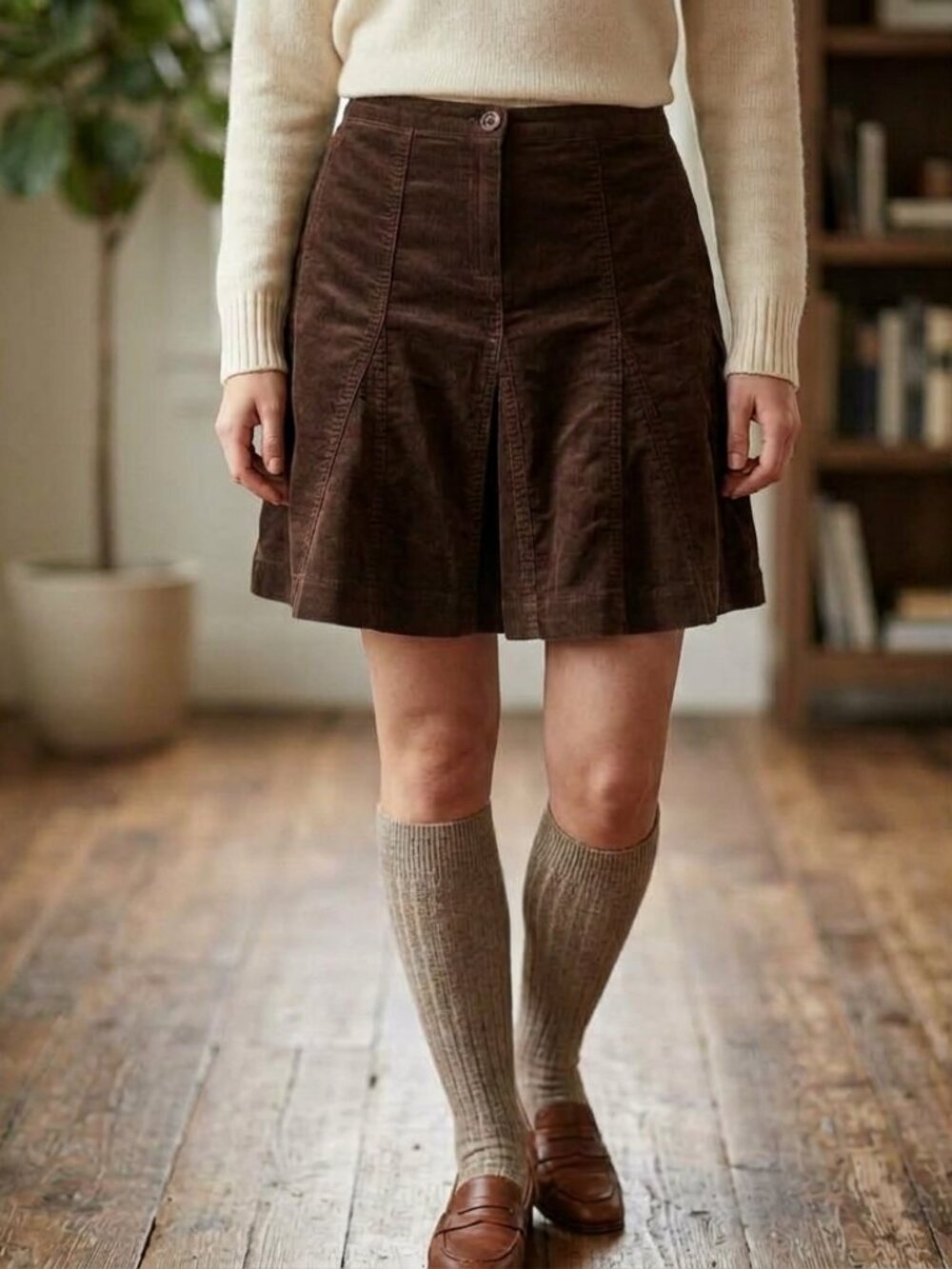 Chocolate Brown Corduroy Panelled A-Line Mini Skirt - 17" Length Size 5/6 S-M